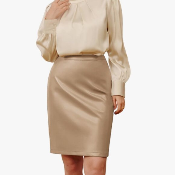 Faux Leather High Waist Knee-Length Bodycon Pencil Midi Skirt - Picture 1 of 6